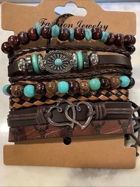 Fashion Jewelry Turquoise & Brown Layered Bracelet Set with Silver Accents